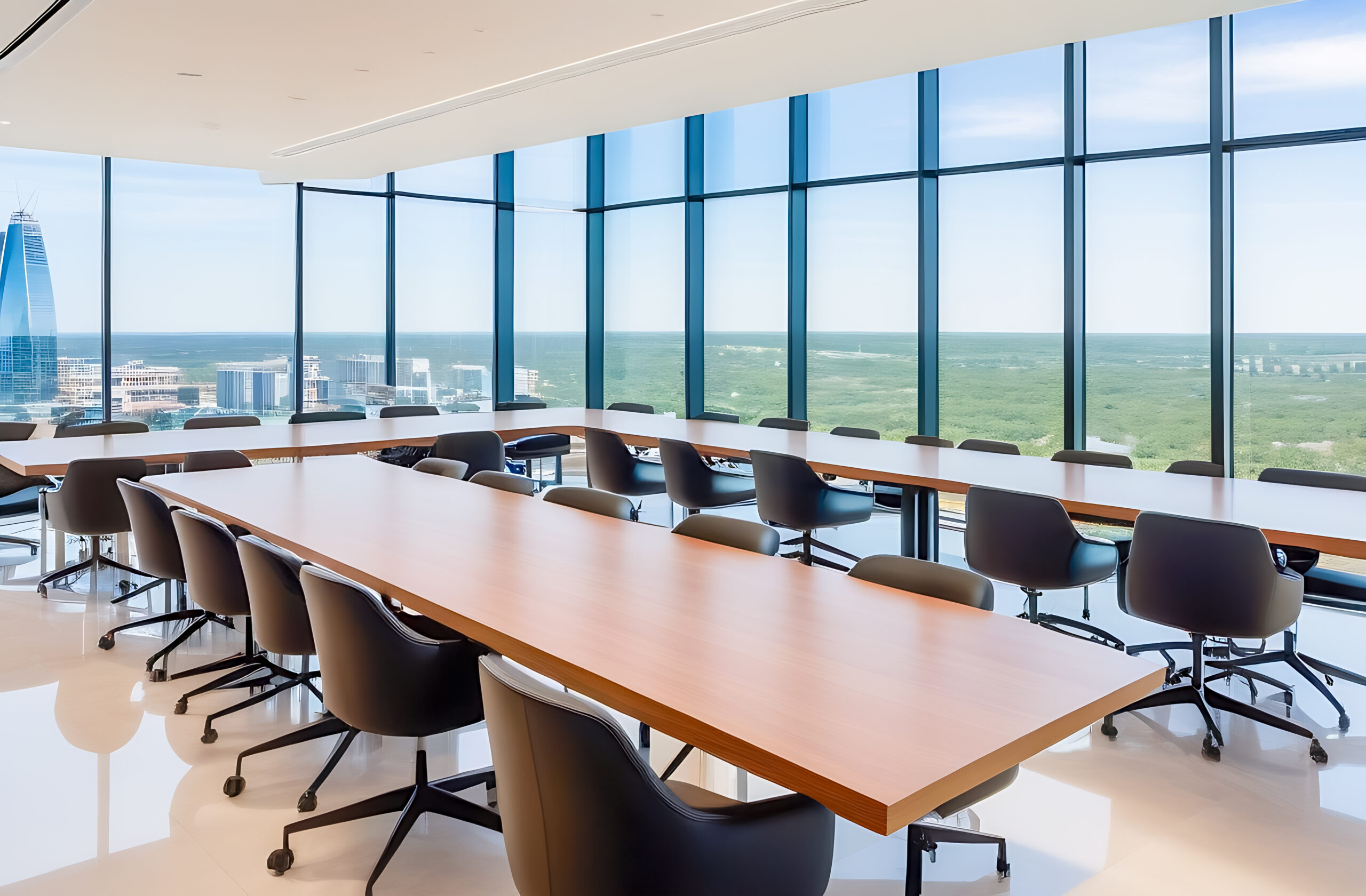 The interior of a modern empty office building with tables and chairs. Floor-to-ceiling windows