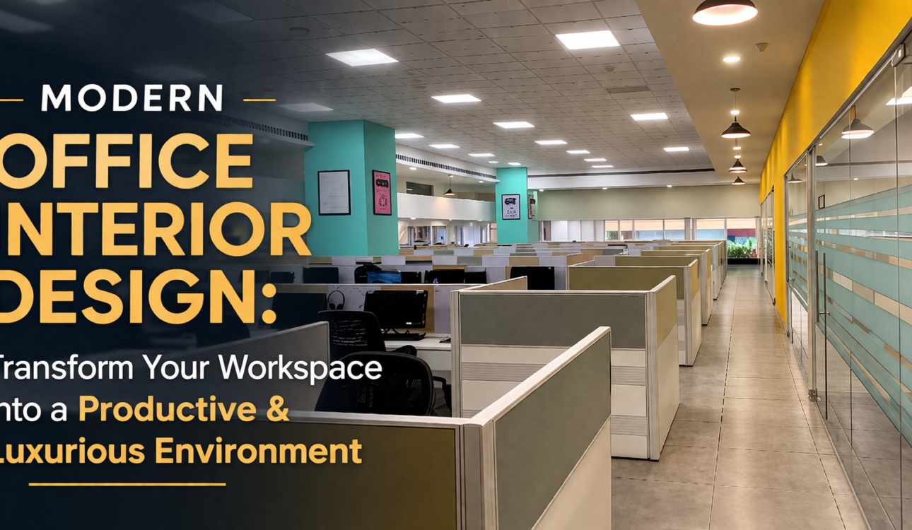 Modern office interior design with open workspace cubicles, glass partitions, and bright lighting for a productive and luxurious environment