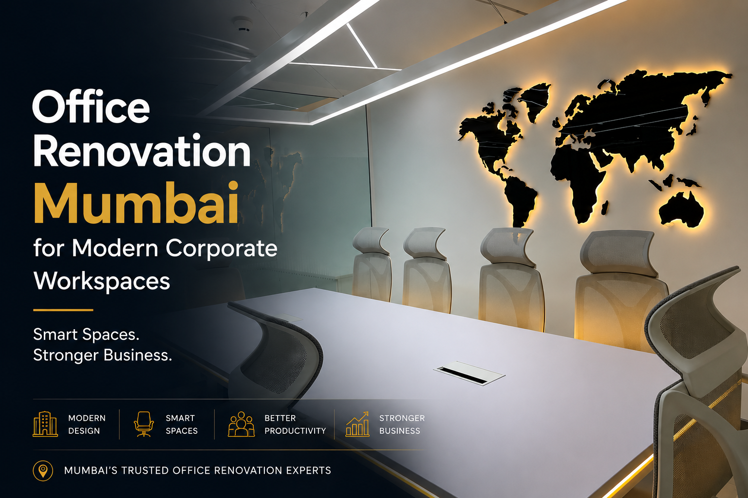 Office Renovation Mumbai with modern corporate workspace, luxury conference room interior, ergonomic office chairs, and premium office design.