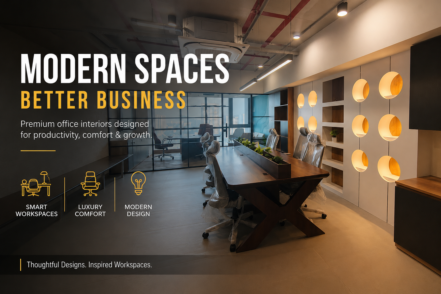 Top commercial interior designers creating a modern luxury office workspace with stylish lighting, executive seating, and premium office interiors in Mumbai.