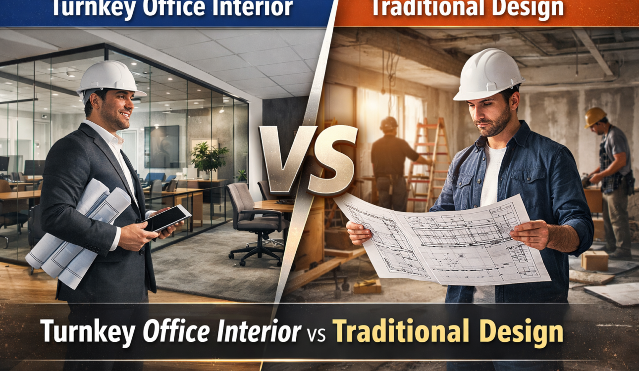 turnkey office interior vs traditional design comparison showing modern office vs construction site