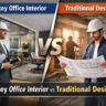 turnkey office interior vs traditional design comparison showing modern office vs construction site