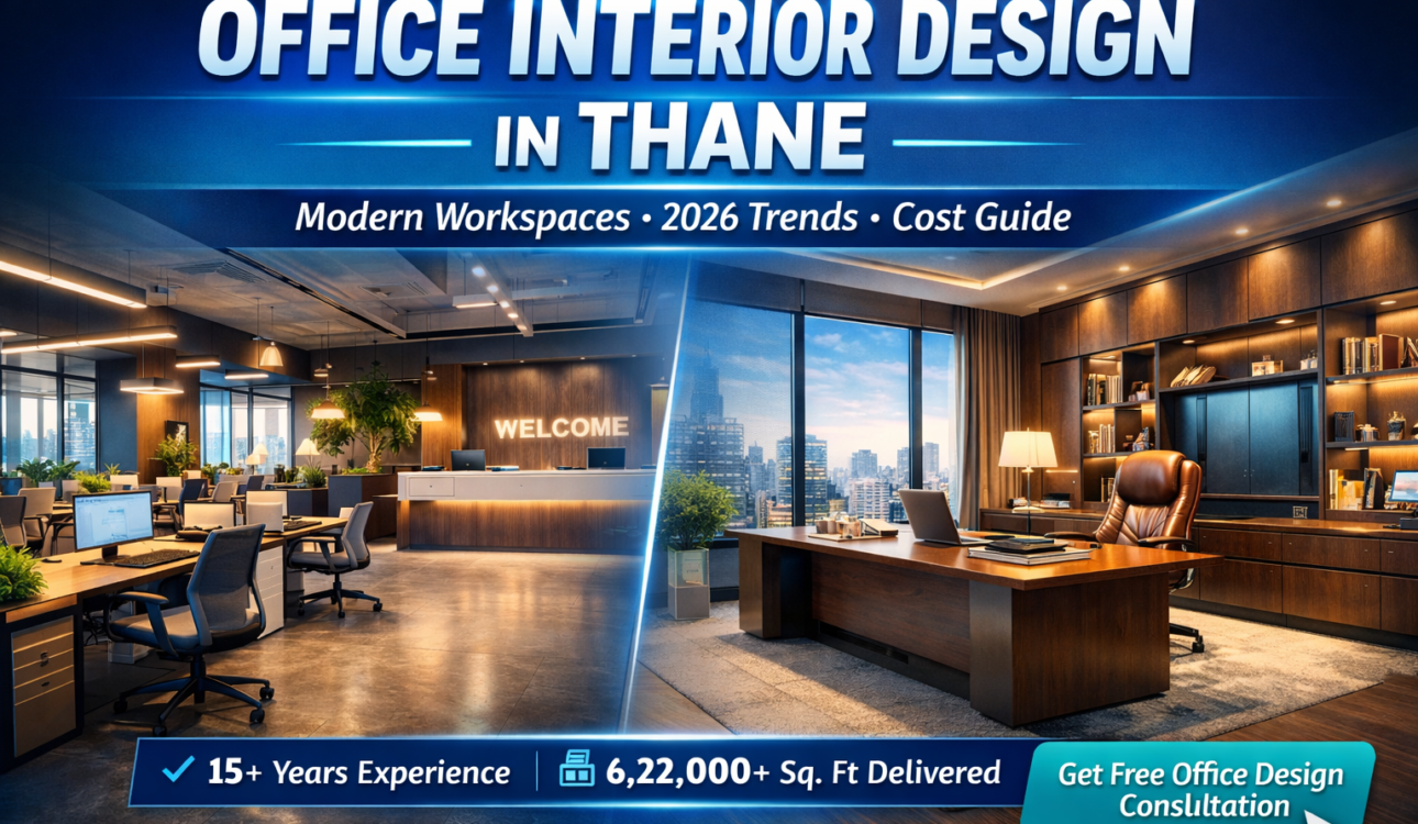 Modern office interior design in Thane featuring open workspace, premium CEO cabin, and corporate layout with 2026 design trends