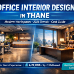 Modern office interior design in Thane featuring open workspace, premium CEO cabin, and corporate layout with 2026 design trends