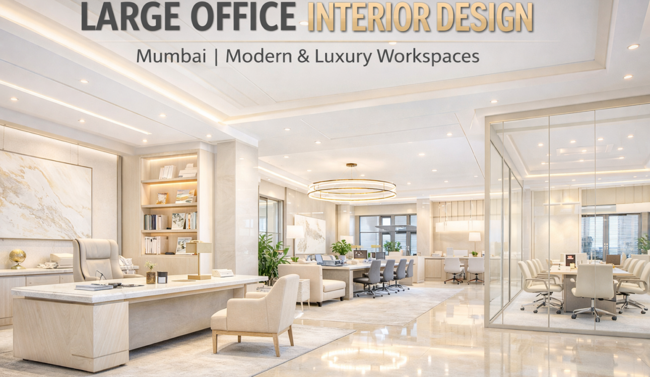 Large office interior design in Mumbai with modern luxury workspace, CEO cabin, and open office layout
