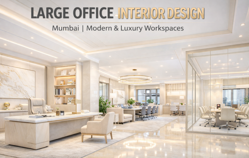 Large office interior design in Mumbai with modern luxury workspace, CEO cabin, and open office layout