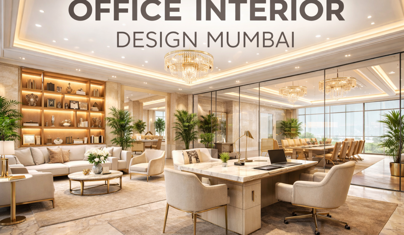 Modern office interior design in Mumbai featuring luxury CEO cabin, corporate workspace layout and elegant commercial office interiors.