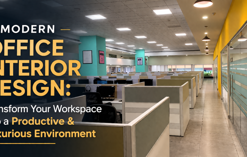 Modern office interior design with open workspace cubicles, glass partitions, and bright lighting for a productive and luxurious environment