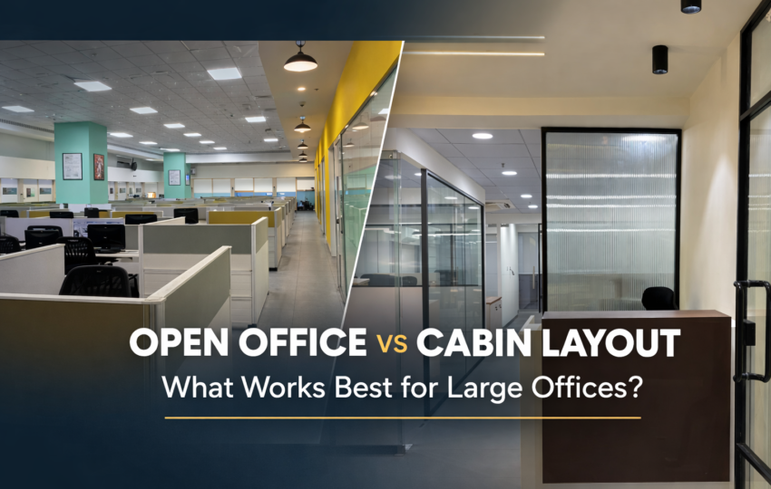 Open office vs cabin layout comparison showing modern workspace cubicles and private glass cabin office design