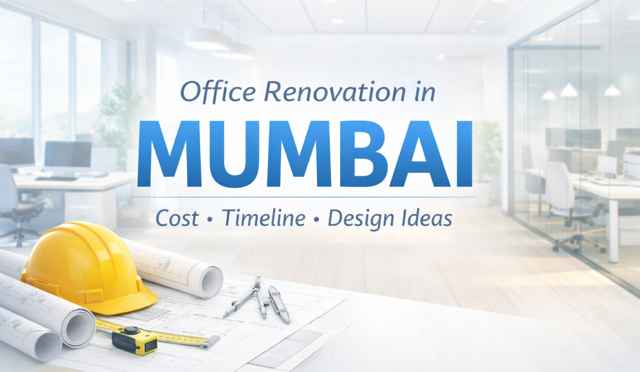 Modern office renovation in Mumbai with open workspace, glass cabins, and bright interior design