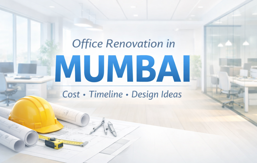 Modern office renovation in Mumbai with open workspace, glass cabins, and bright interior design