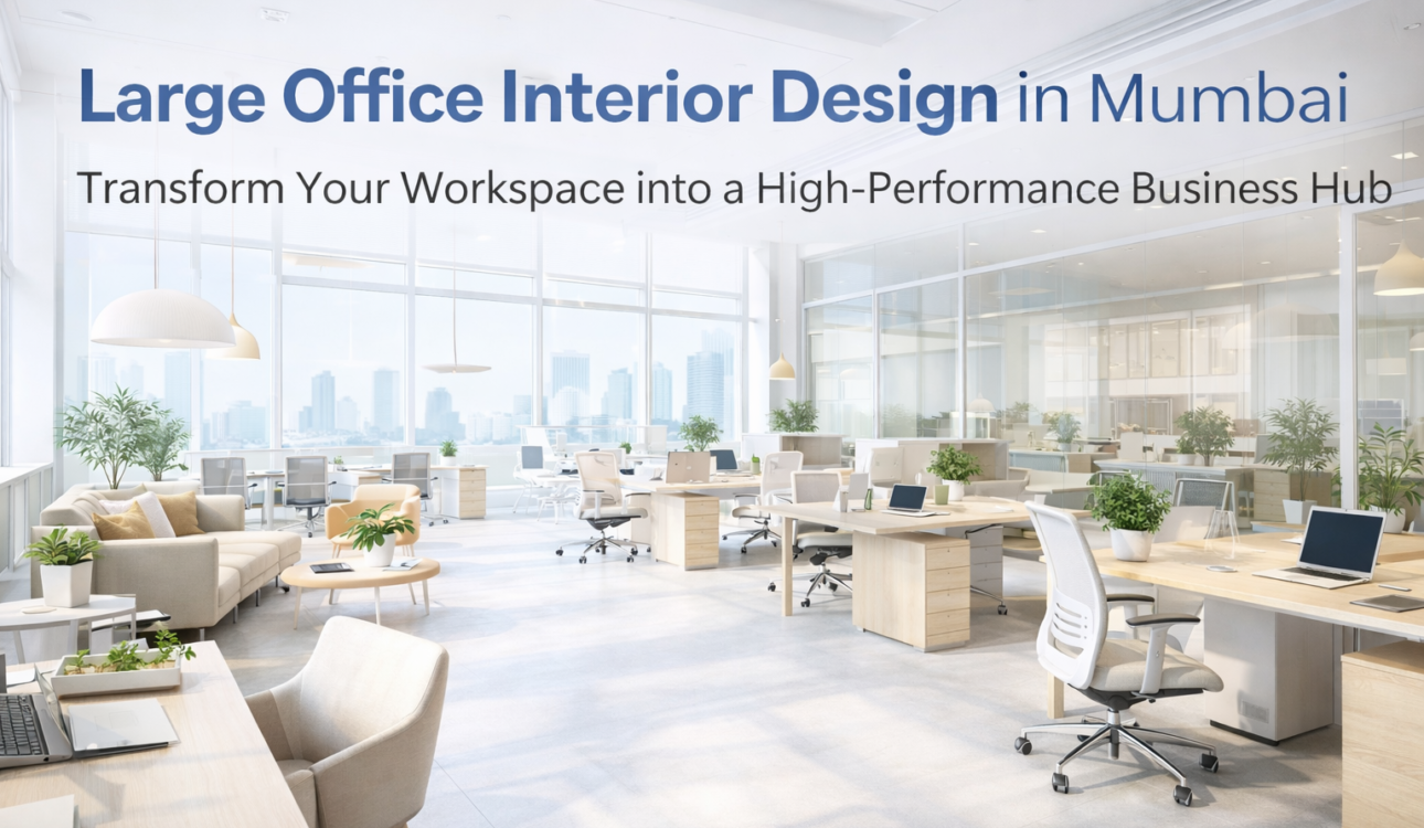 Large office interior design in Mumbai with modern workspace layout, open office seating, and natural lighting