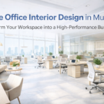 Large office interior design in Mumbai with modern workspace layout, open office seating, and natural lighting