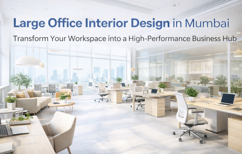 Large office interior design in Mumbai with modern workspace layout, open office seating, and natural lighting